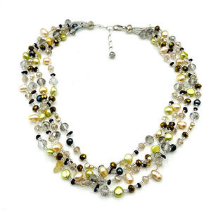 Sparkly Crystal Pearl and Quartz Rock Multi-Strand Beaded Necklace 925 Clasp 18"